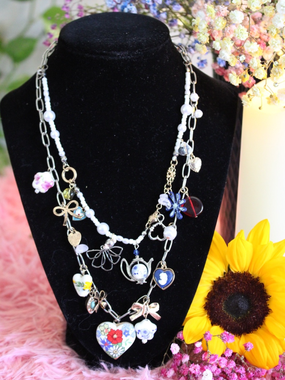 NWT Free People Layered Pearl Floral Charm Necklace MSRP $68 - Picture 2 of 14